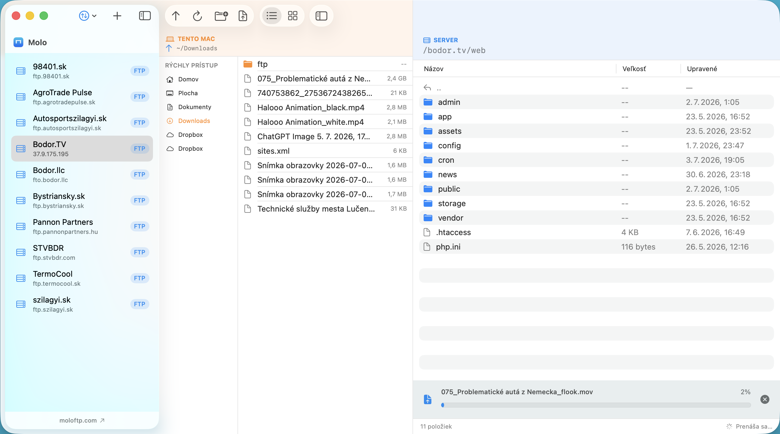 Molo's real interface — dual panes with local files and a server